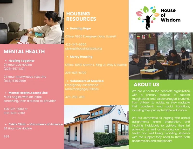 Page two of the resource guide. Mental health: Healing Together (208) 557-4371 and text (833) 545-0699, Mental Health Access Line 425-212-3900 or 888-693-7200, Crisis Clinic 988. Housing: Housing Hope 425-347-6556, Mercy Housing 206-838-5700, Volunteers of America 425-259-3191.